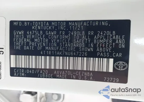 2022 Toyota Camry Le from USA, damaged, VIN 4T1R11AK7NU647226